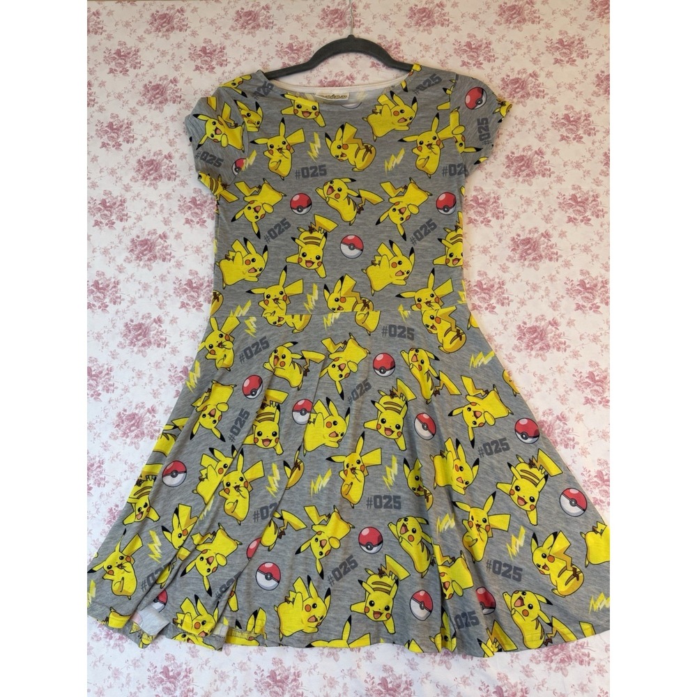 Pokemon Pikachu Skater Dress Kids Large Gray Short Sleeve